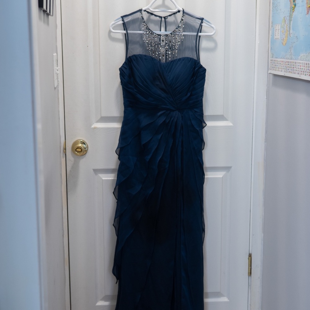 Adrianna Papell Navy Blue Maxi Dress with Beaded Neckline